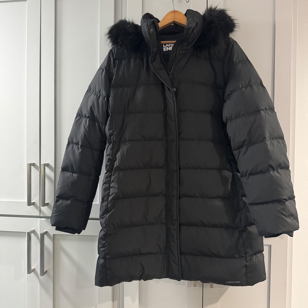 Lands End Womens XL Black Down Puffer Parka‎ Jacket Faux Fur Trim Hood